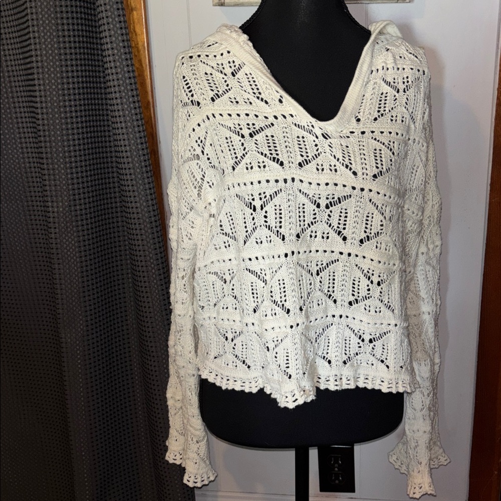 Time and Tru Cream Crochet Hooded Pullover